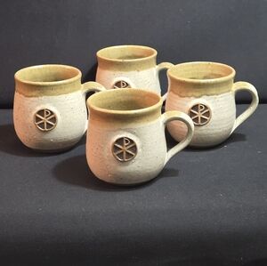 Vintage Redeemer Arts And Crafts Rustic Cream and Brown Ceramic Mugs Set